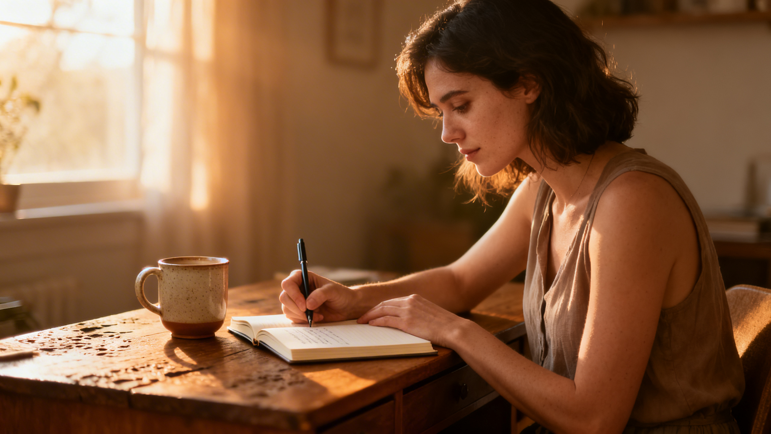 Woman writing in a journal with coffee, focused and calm