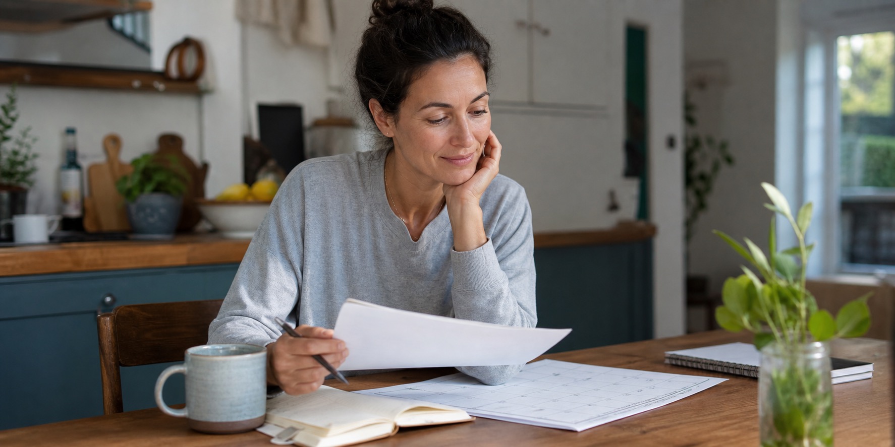 Woman reviewing a symptom checklist at her kitchen table in the morning