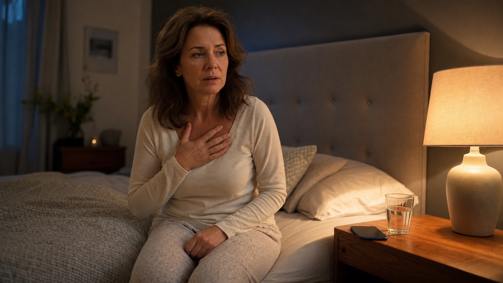 Woman sitting awake on the edge of her bed after a middle-of-the-night perimenopause symptom flare