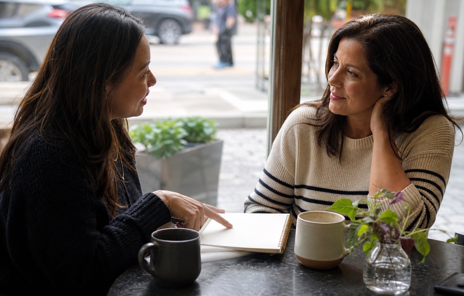 Two women comparing symptom notes over coffee before a healthcare appointment
