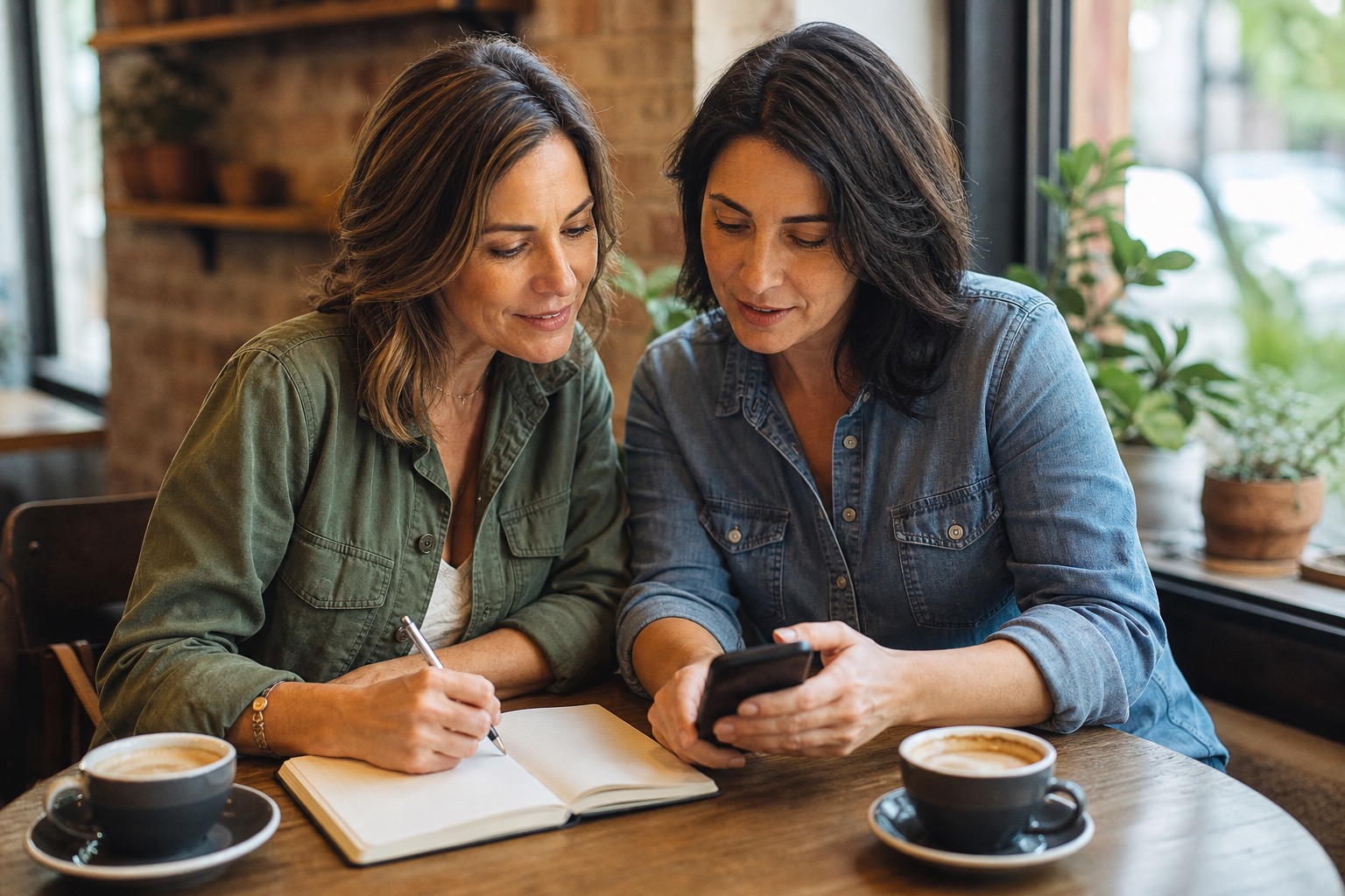 Two women reviewing a phone calendar and symptom notebook over coffee