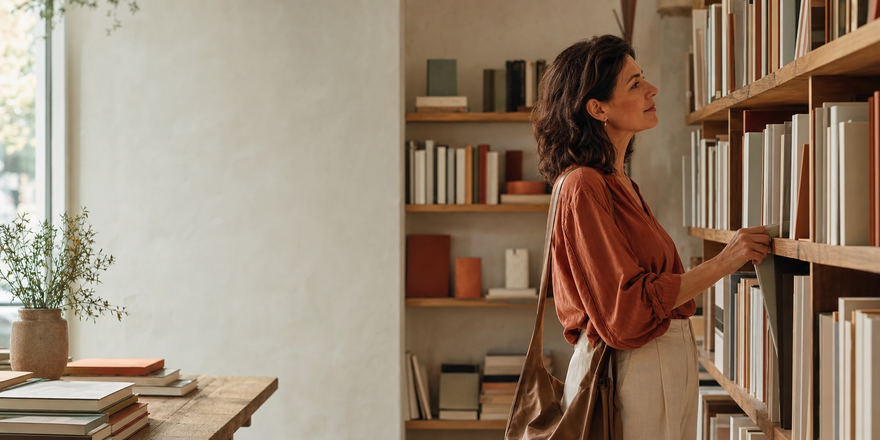 Woman browsing a thoughtfully curated shelf of books in a warm independent bookstore