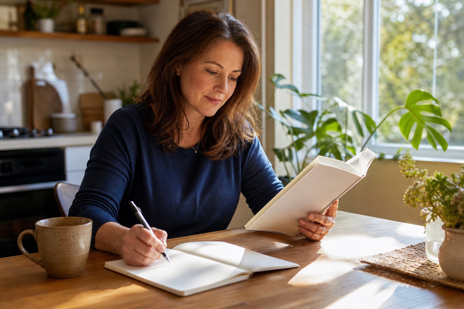 Woman reading a book and making a short list of questions in a notebook at a sunny kitchen table