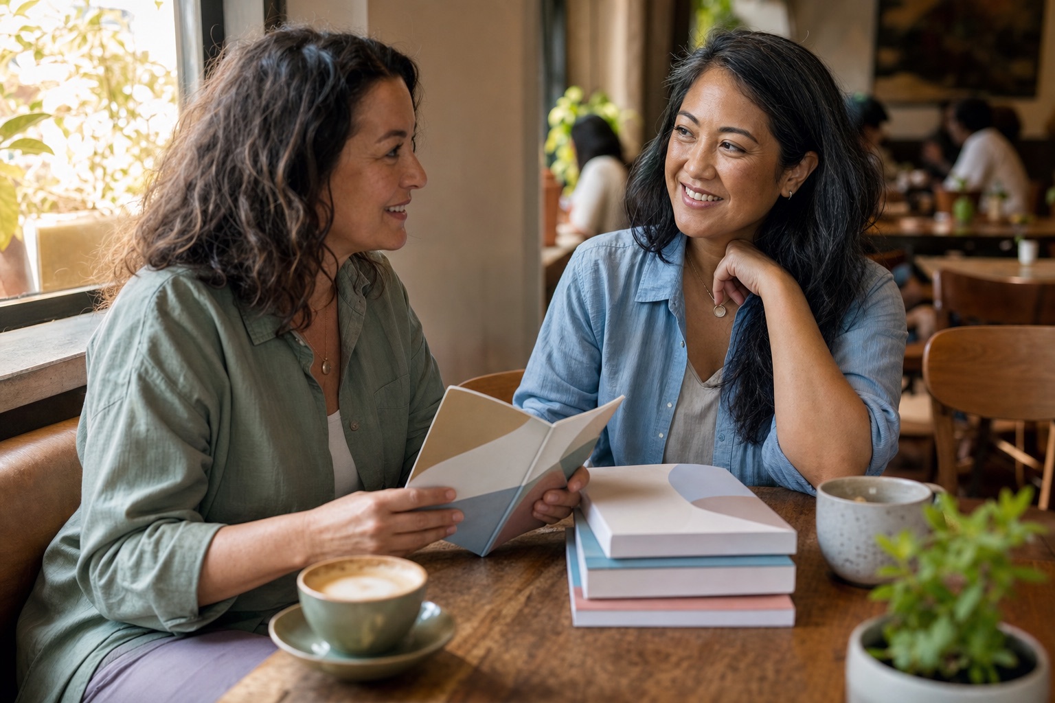 Two midlife friends sharing book recommendations and a handwritten appointment checklist at a quiet cafe