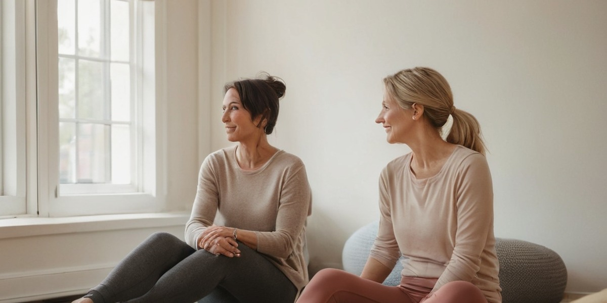 Two women sitting comfortably in a sunlit fitness room