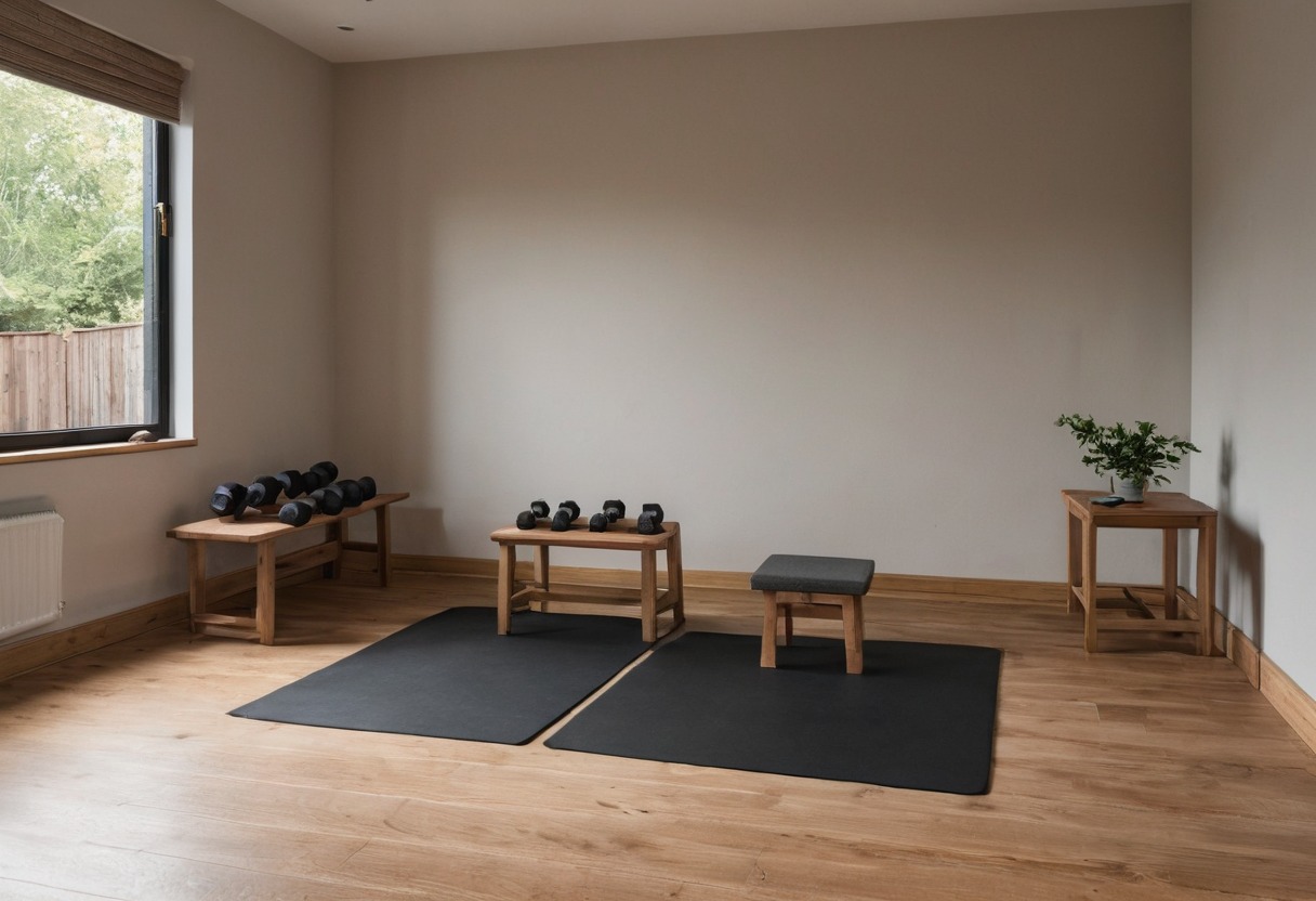 A quiet fitness room with floor mats, a padded seat and dumbbells on wooden tables