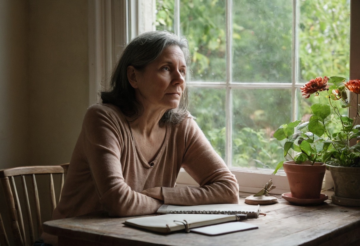 A woman looking toward a garden window with blank notebooks on the table
