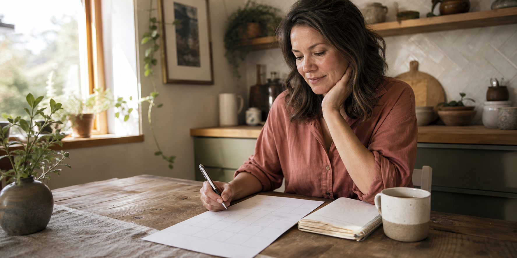 Woman reviewing a symptom calendar and notes at a sunlit kitchen table