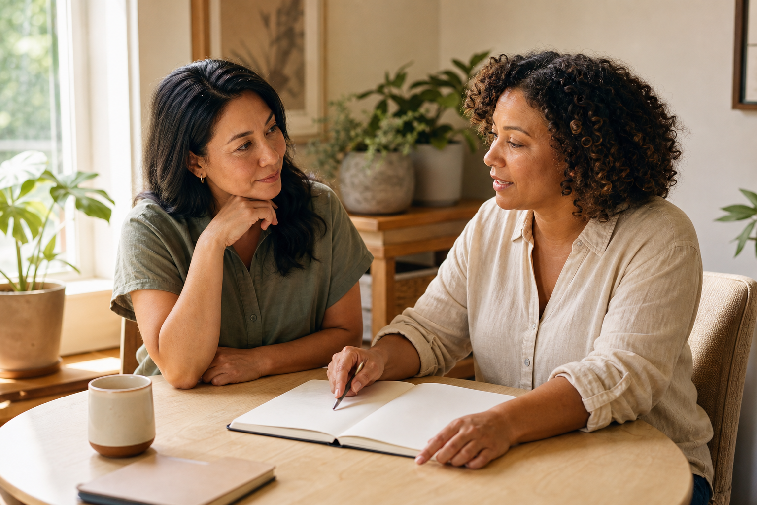 Two midlife women reviewing appointment questions beside a notebook and calendar