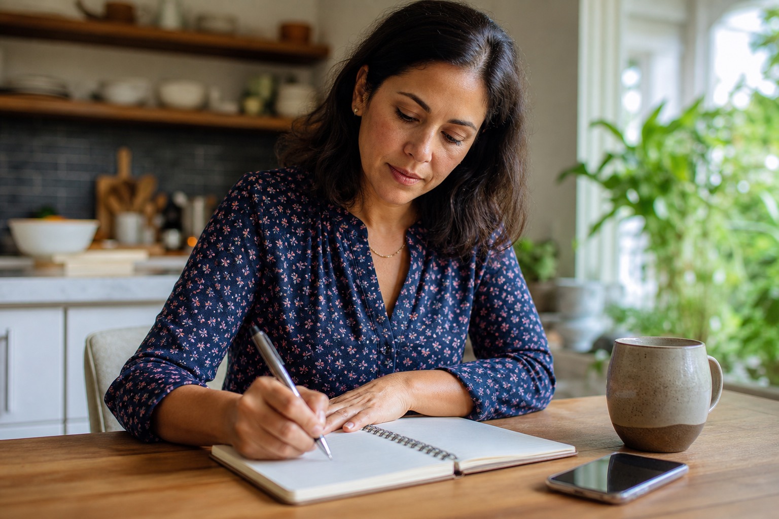 Woman writing symptom notes at a kitchen table before a medical appointment
