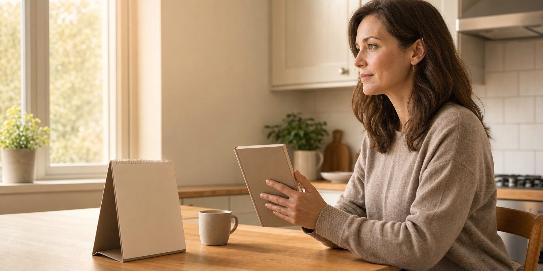 Woman holding a closed notebook before a healthcare appointment