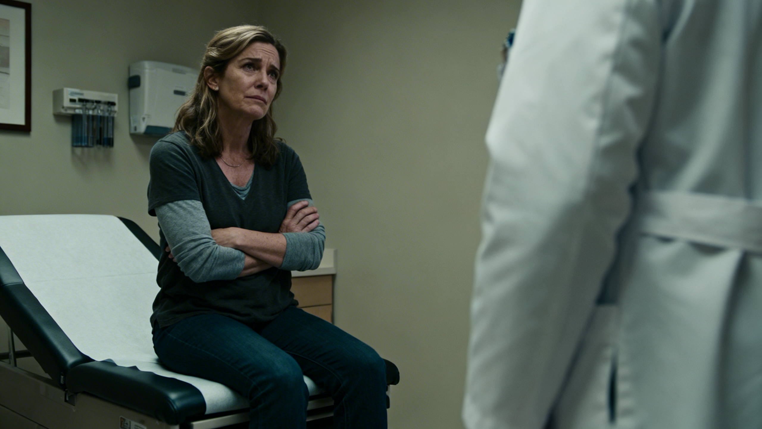 Woman in doctor's office looking frustrated, sitting on exam table