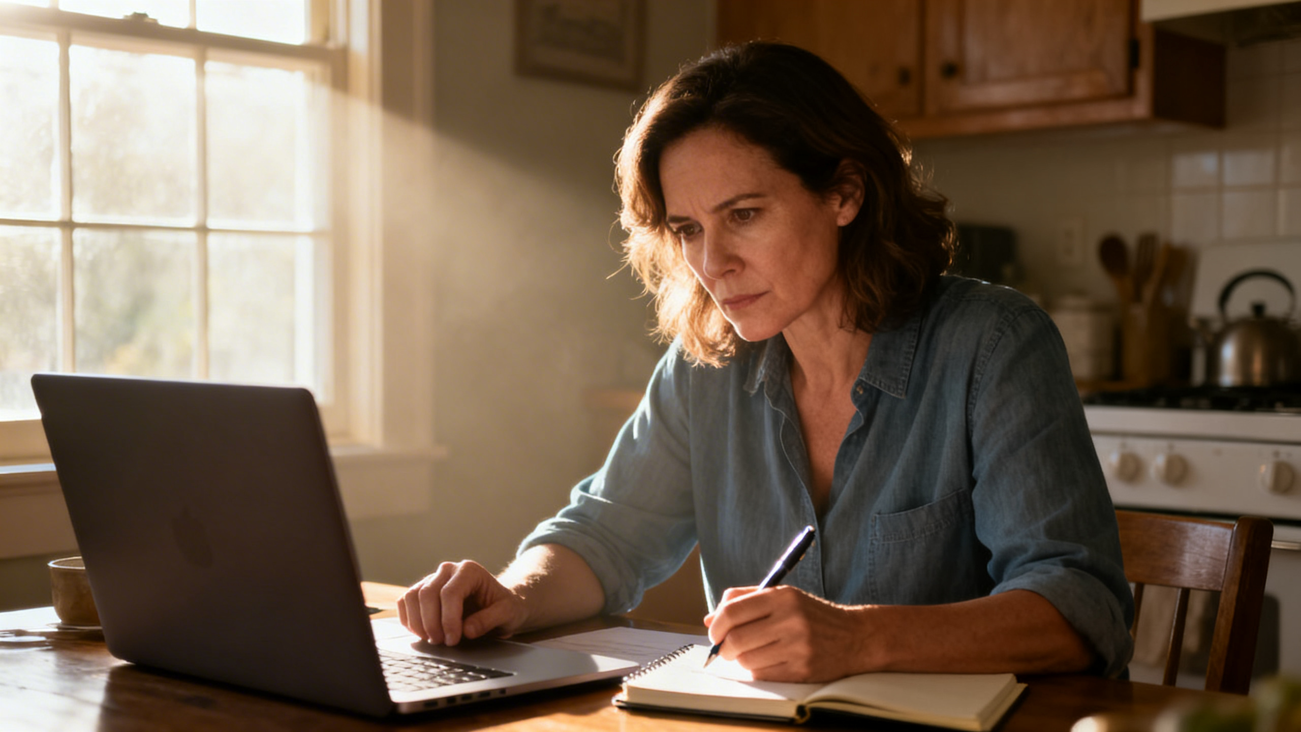 Woman at kitchen table researching on laptop, morning light
