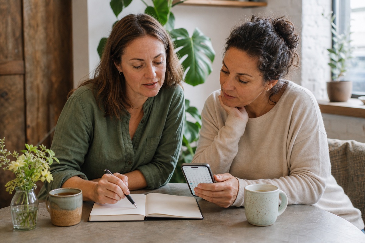 Two women reviewing a phone calendar and blank symptom notebook while discussing early signs of perimenopause