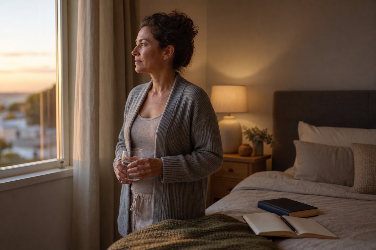 Woman standing by a bedroom window after disrupted sleep, holding a glass of water beside a blank journal