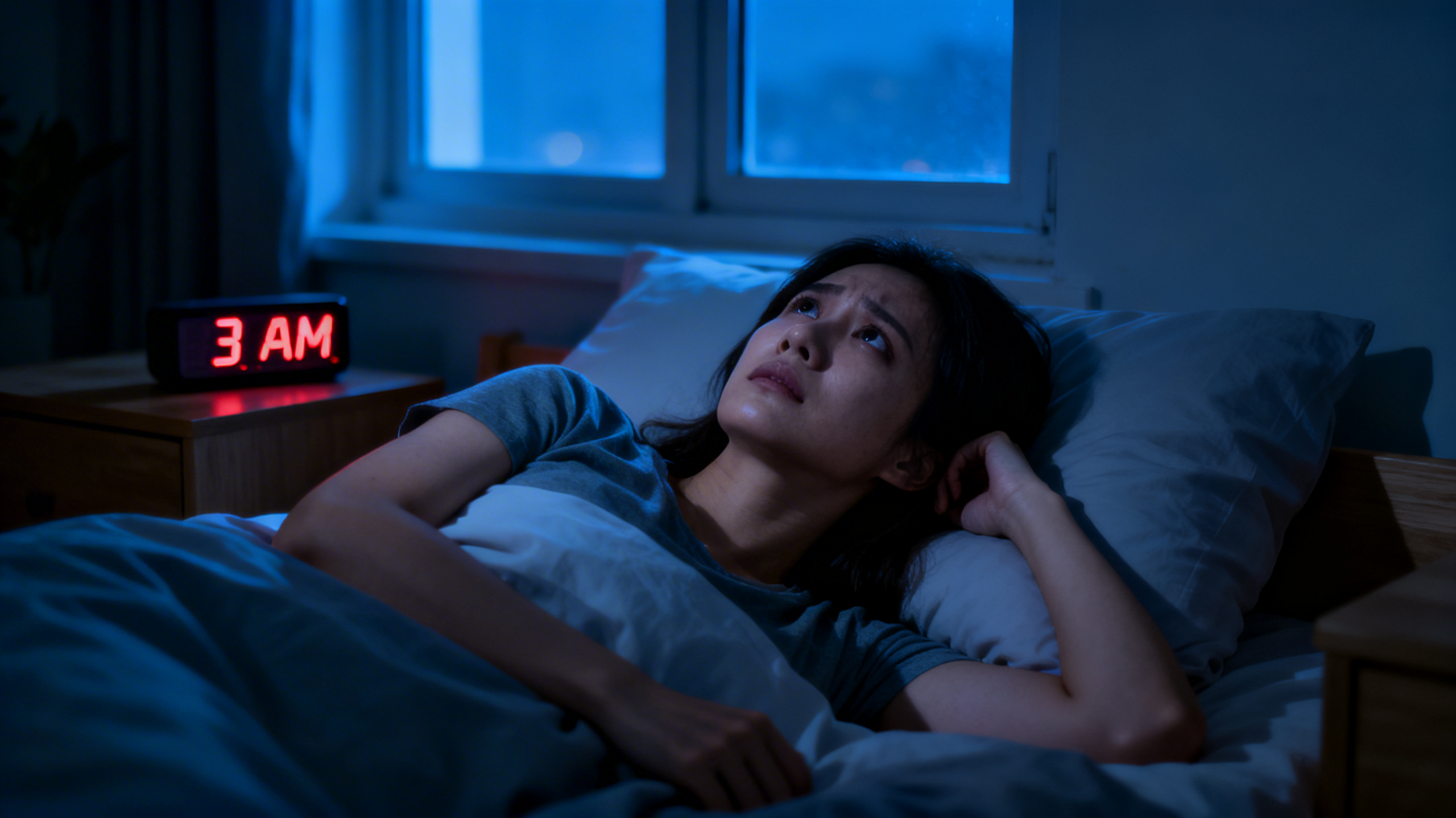 Woman lying awake at night, unable to sleep