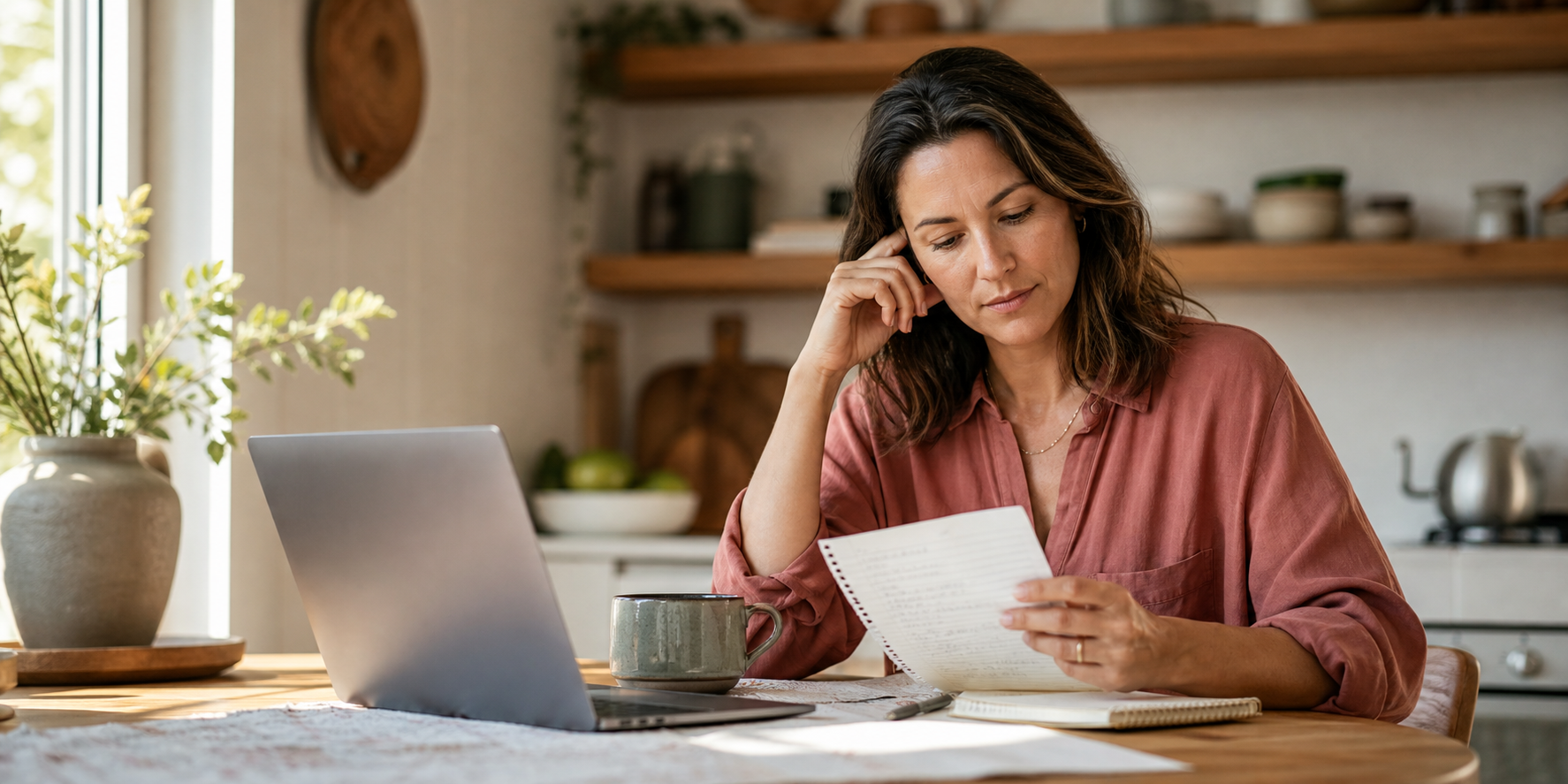 Woman in her forties researching menopause care options at a sunny kitchen table