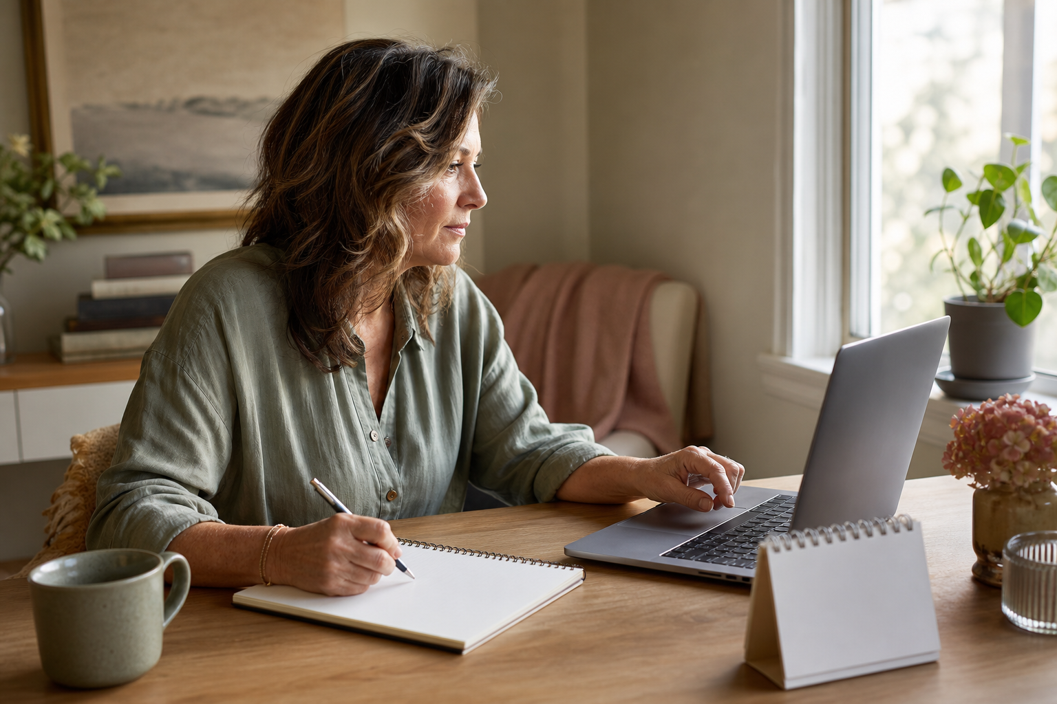 Woman making a short provider shortlist with notes beside a laptop in a warm home office