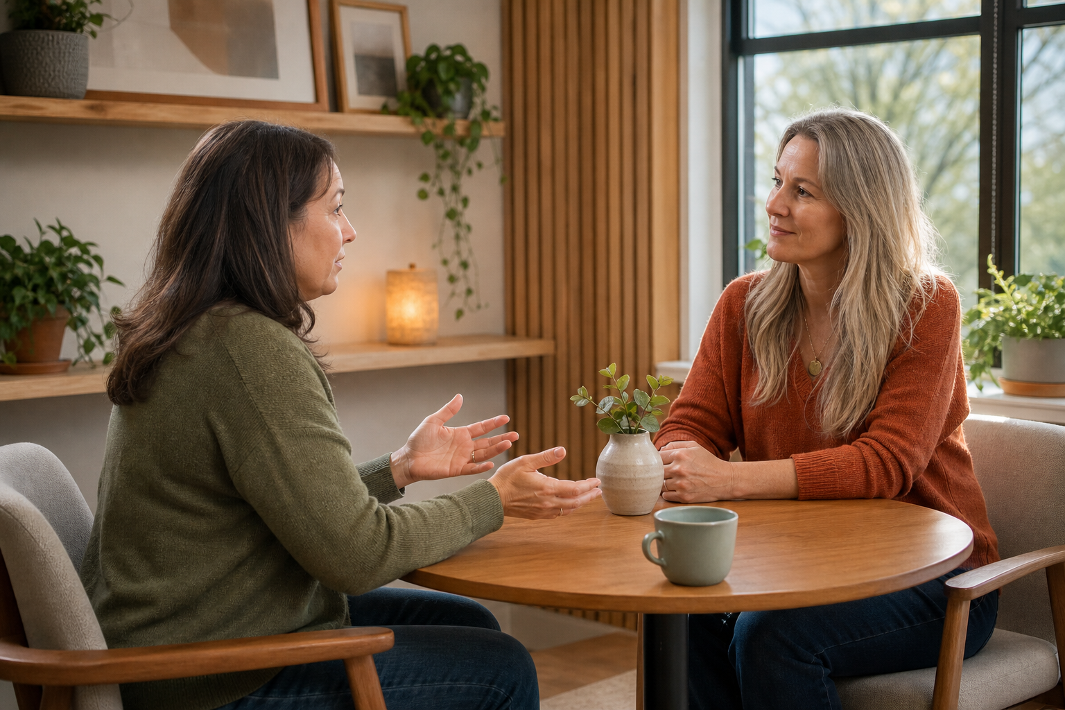 Woman and healthcare provider having a calm, respectful conversation in a bright, nonclinical office