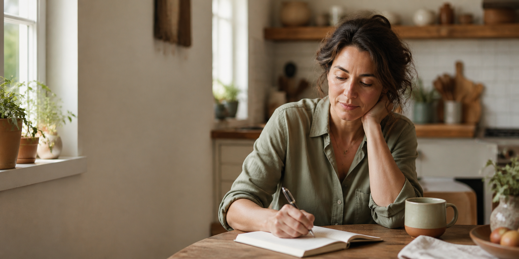 Woman in a home kitchen writing symptom notes in a blank notebook
