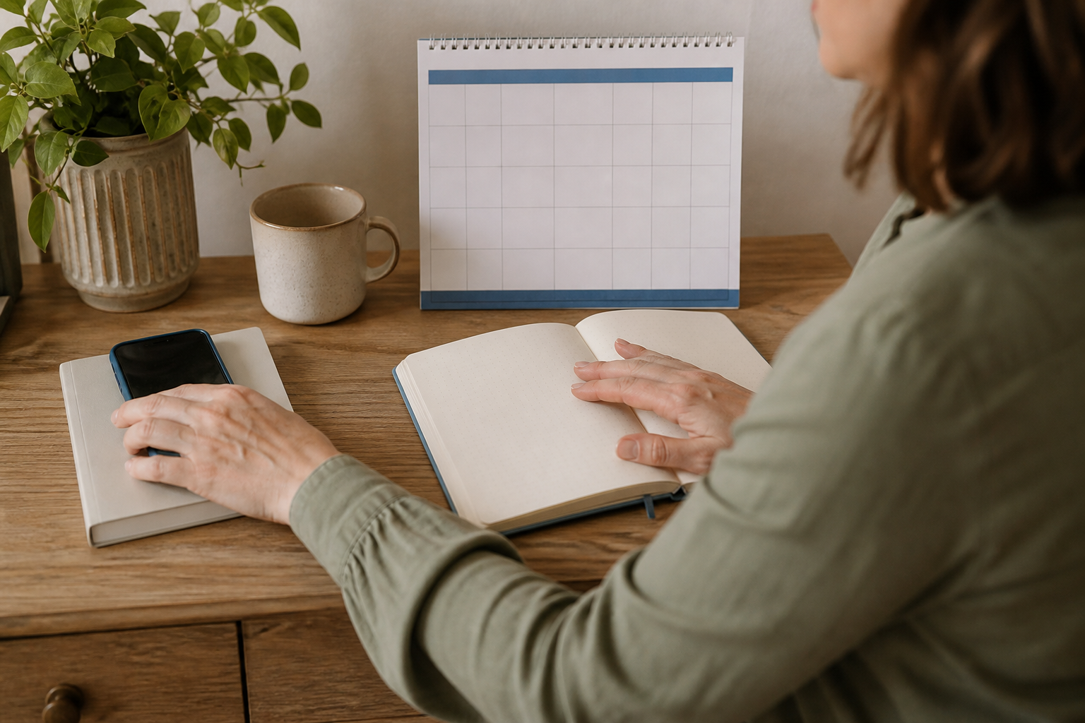 Woman at a desk with a blank calendar and symptom notebook