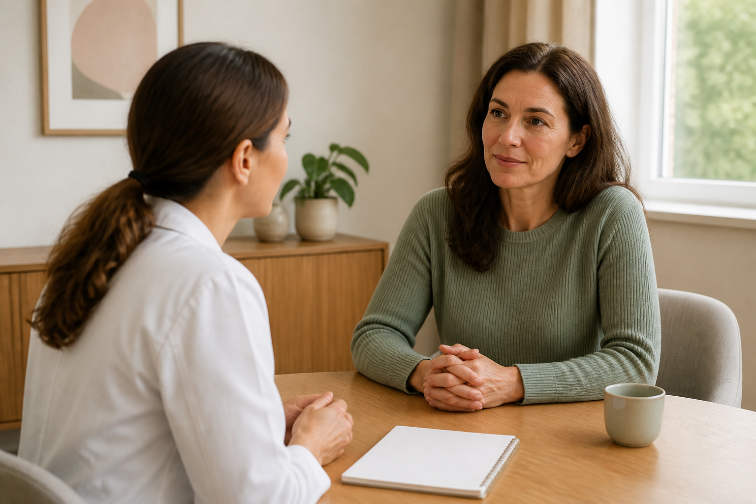 Woman speaking with a healthcare professional across a table with a blank notebook