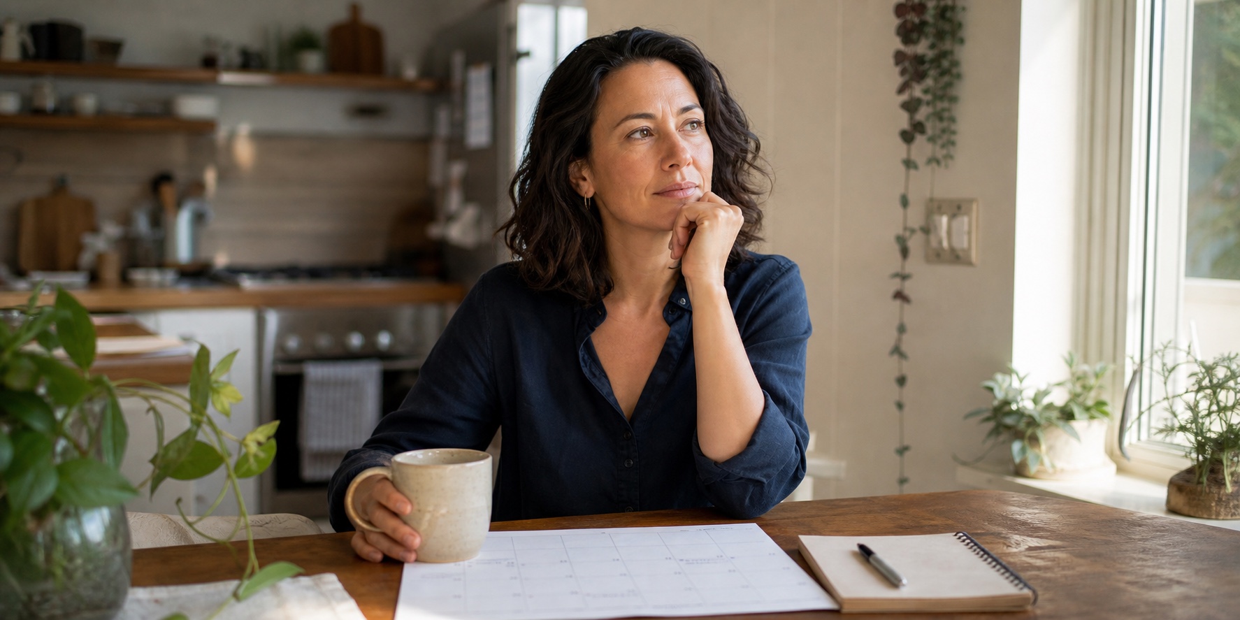 Woman reviewing a calendar and symptom notebook at her kitchen table