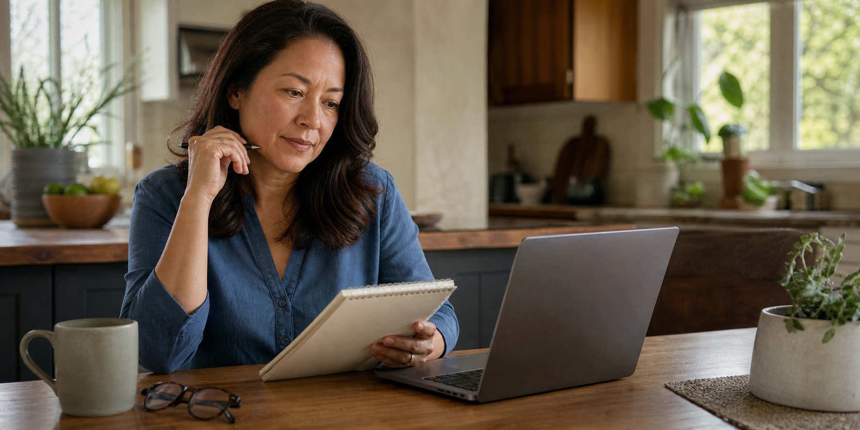 Woman reviewing appointment notes beside a laptop at her kitchen table