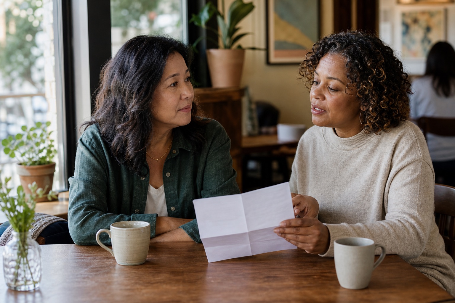 Two midlife friends discussing a folded appointment checklist at a café