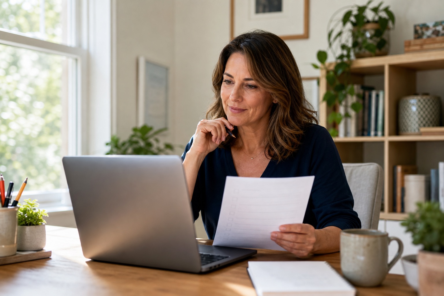 Woman on a calm video call while reviewing appointment questions at her home desk