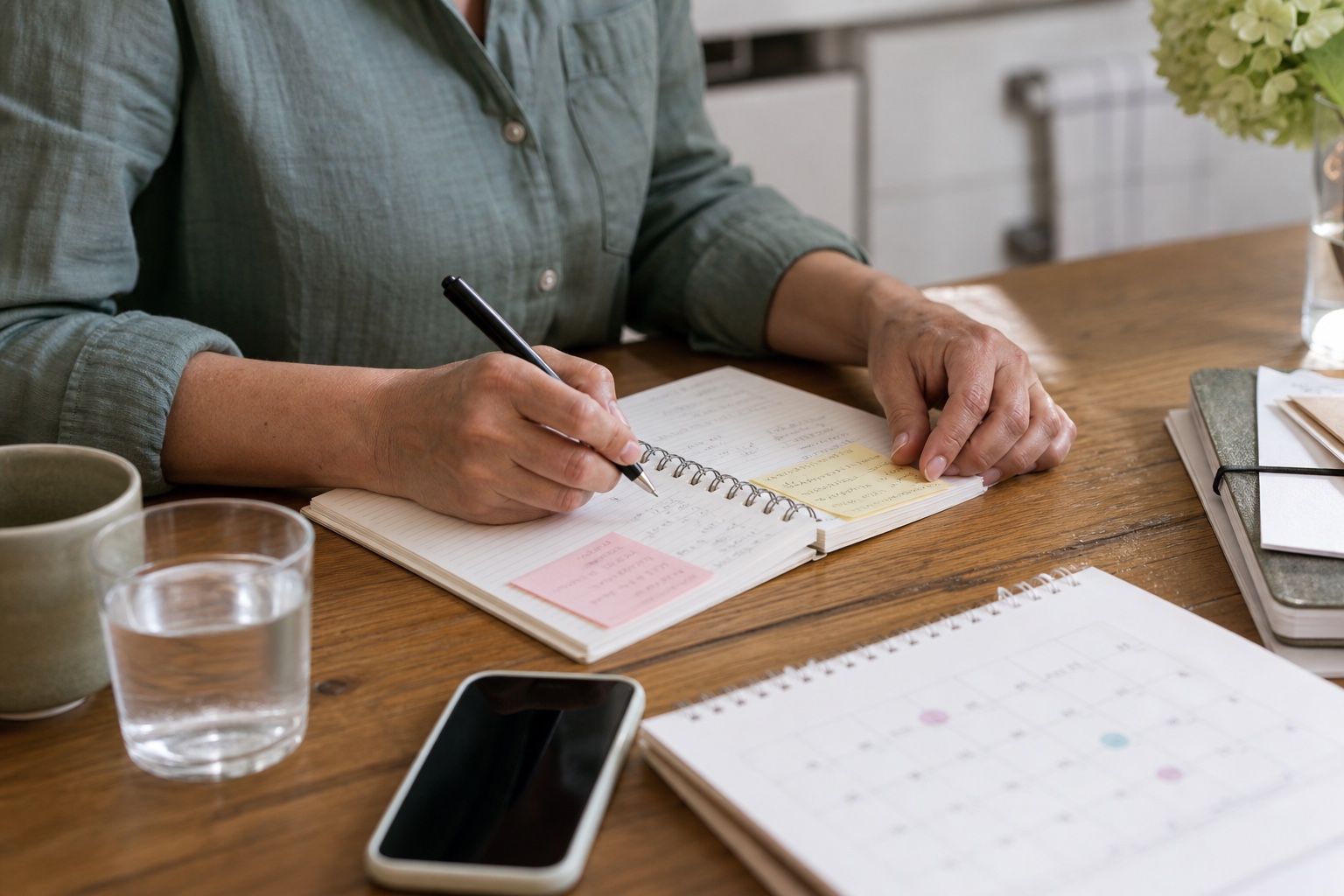 Hands writing appointment notes beside a calendar and phone
