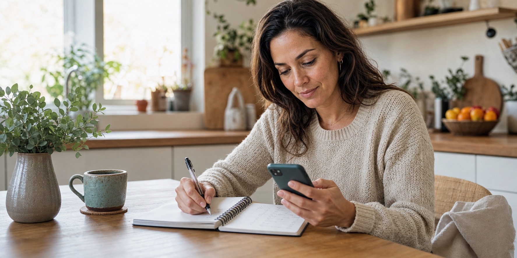 Woman using a notebook and phone calendar to track perimenopause symptoms