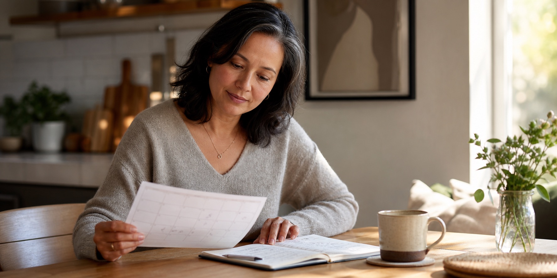 Woman in her forties comparing appointment notes and a calendar at a sunny kitchen table