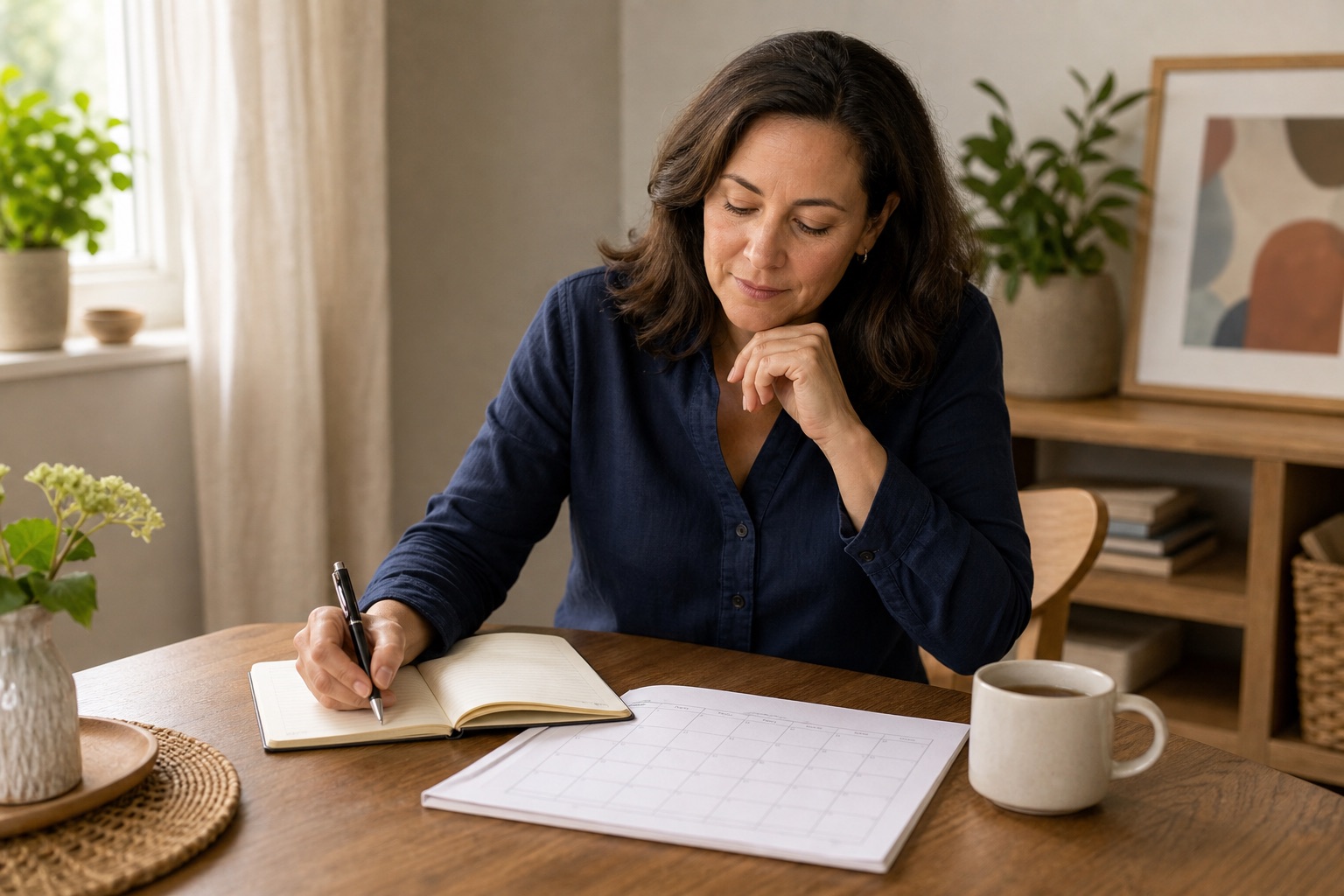 Woman making a short symptom timeline and list of appointment questions beside a calendar