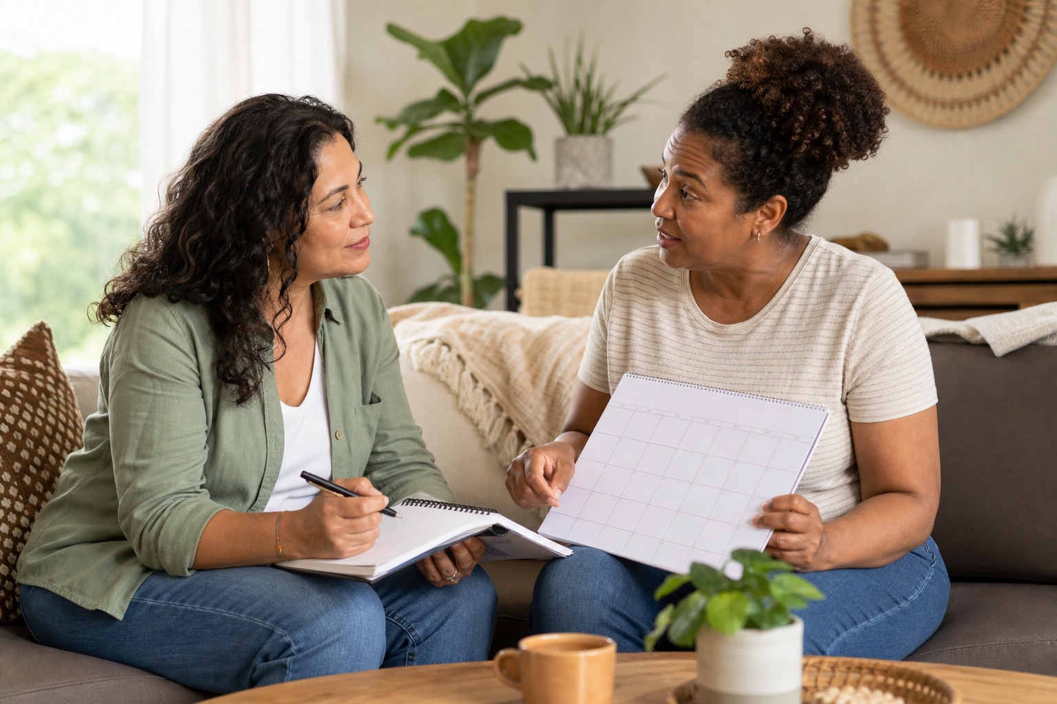 Two women in their forties discussing a calendar and written questions in a warm living room, no medical equipment