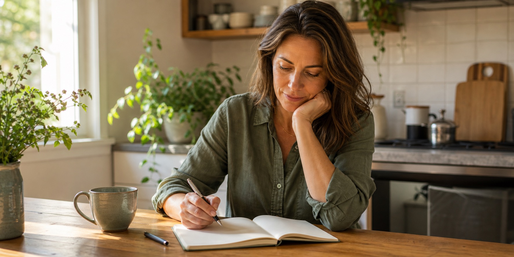 Woman in her forties preparing thoughtful notes for a healthcare conversation at a warm kitchen table