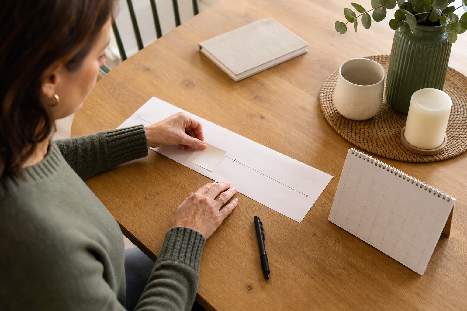 Woman reviewing a simple symptom timeline and appointment notes beside a cup of tea