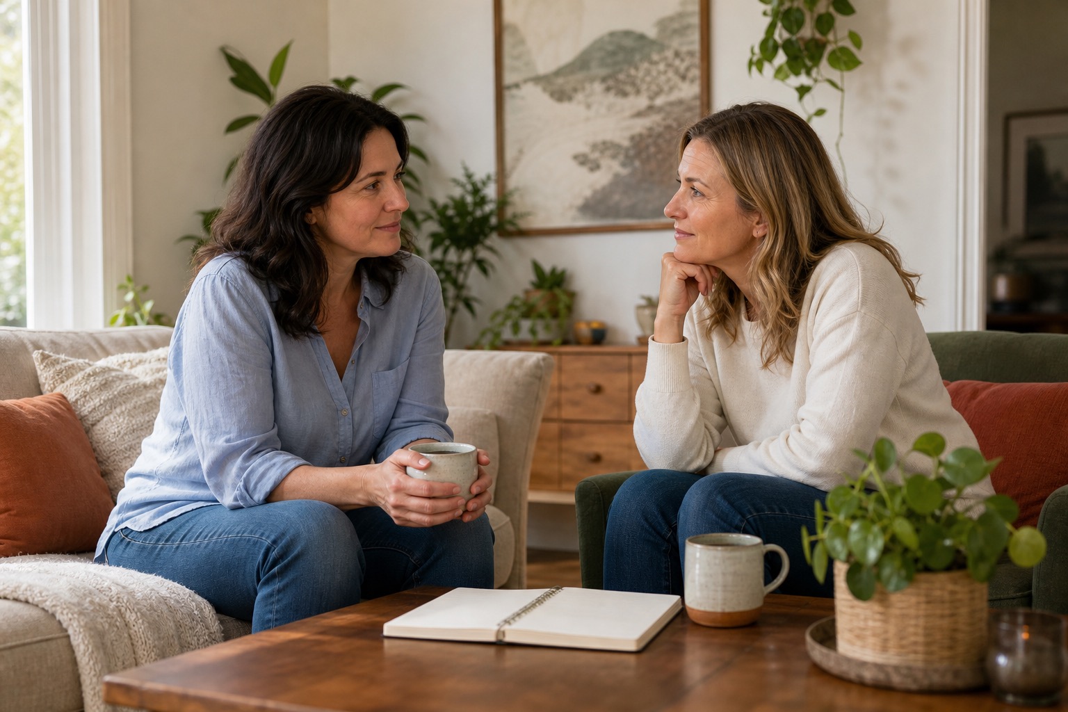 Two women having a calm, practical conversation with an open notebook in a bright living room