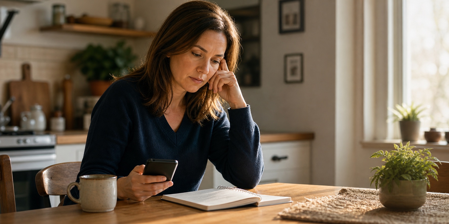 Woman reviewing a notebook and phone calendar while wondering if symptoms are perimenopause or something else