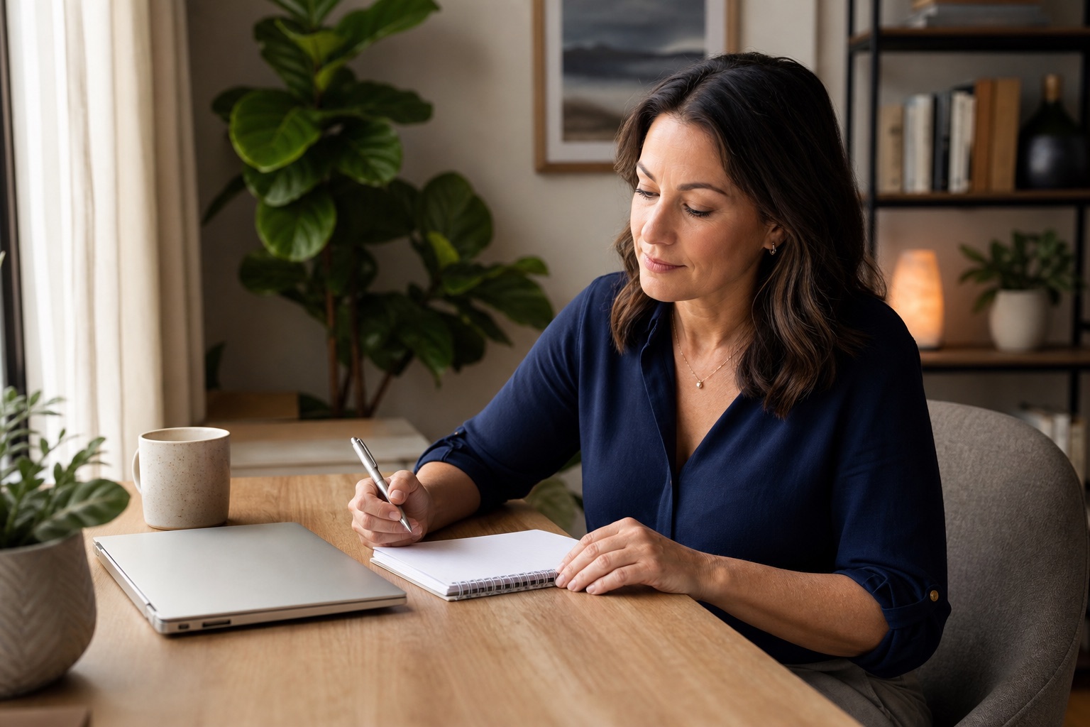 Woman writing appointment questions in a notebook beside a closed laptop