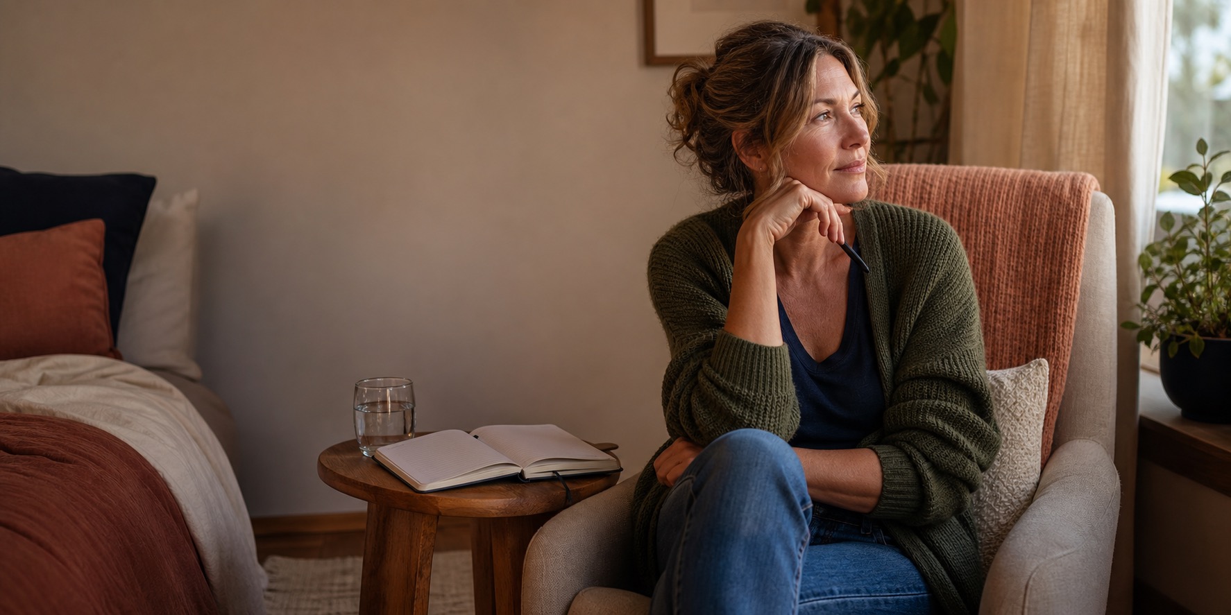 Woman sitting with a notebook beside a bed, thinking through questions about sleep support