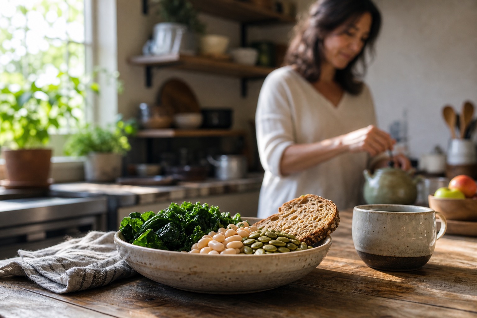 A bowl of beans, greens, pumpkin seeds, and whole-grain toast on a kitchen table