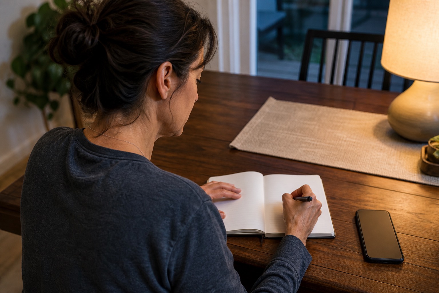 Woman writing a short list of health questions in a notebook at a dining table