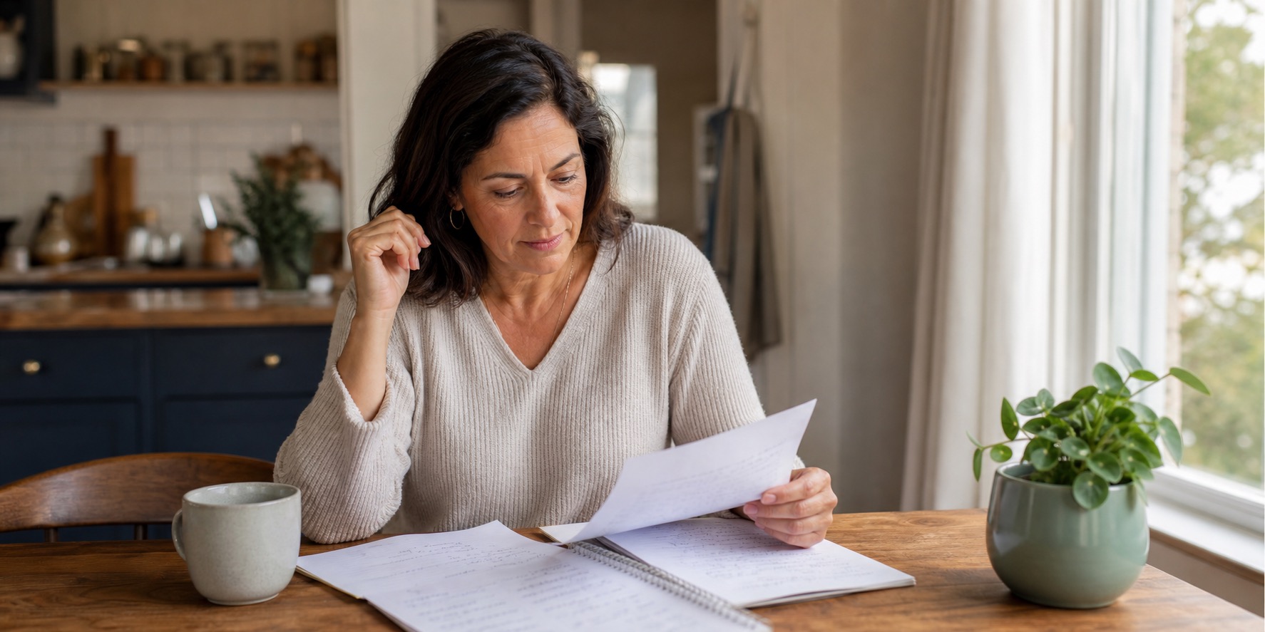 Woman in her forties comparing notes at a sunlit kitchen table with a mug of tea and a small houseplant