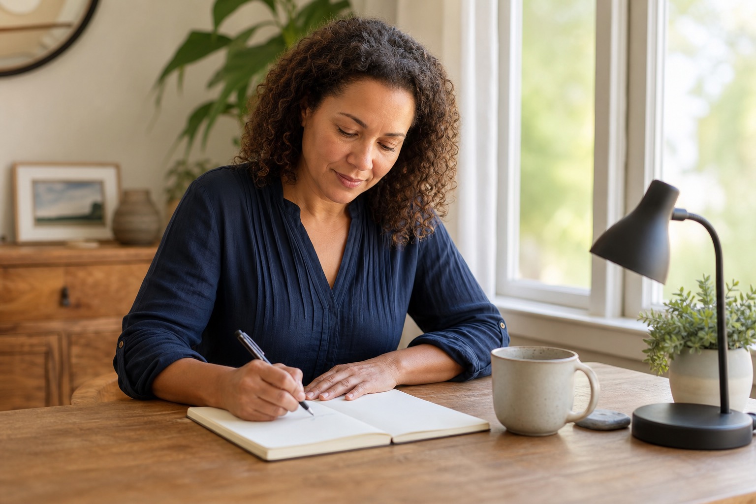 Woman sitting at a home desk with a blank calendar, notebook, and herbal tea while she tracks symptoms