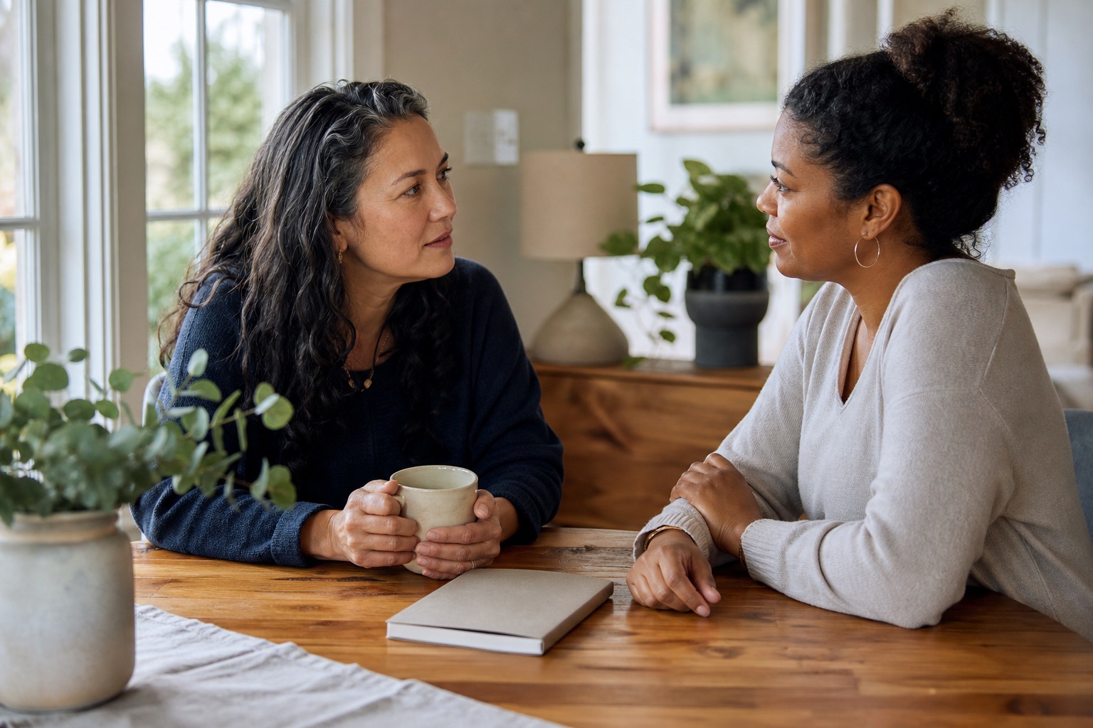 Two women in their forties having a calm conversation at a bright dining table with a notebook between them