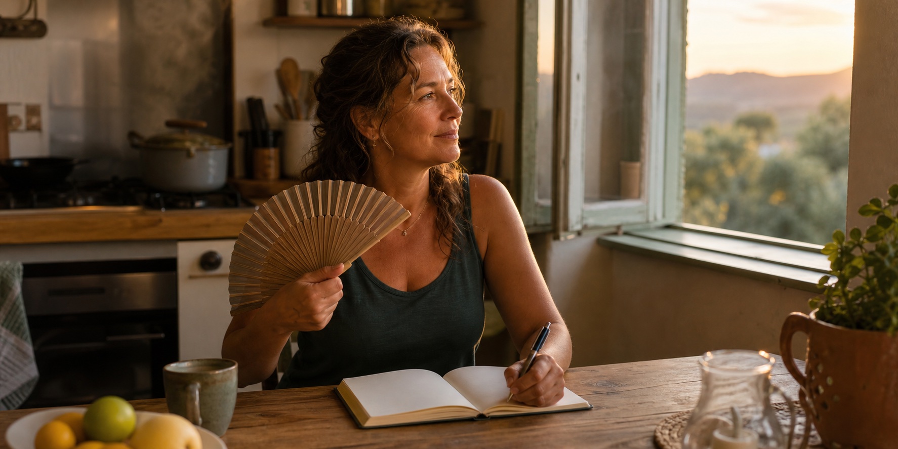 Woman in her forties cooling down by an open kitchen window while writing appointment questions