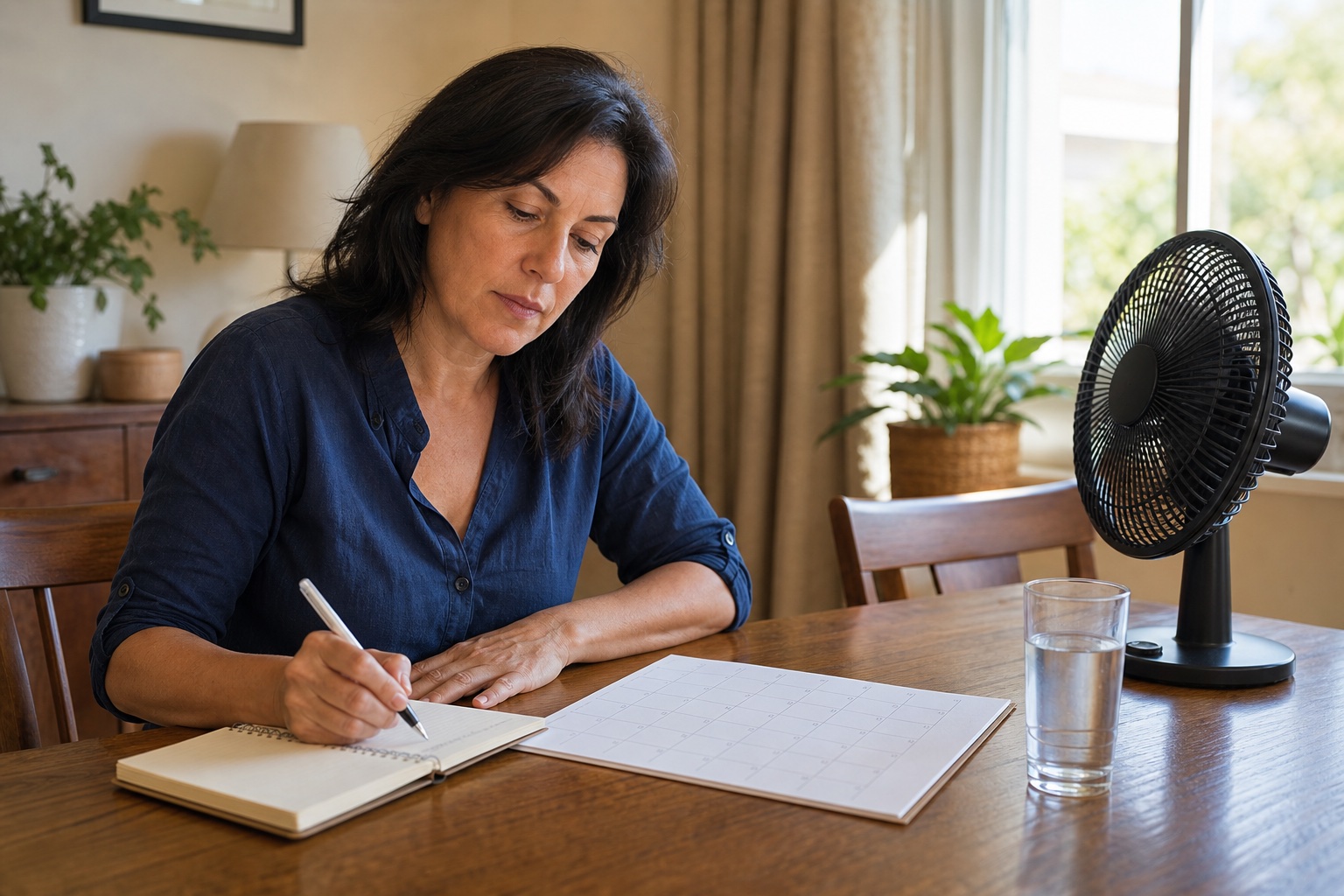Woman reviewing a simple symptom calendar and appointment questions beside a glass of water