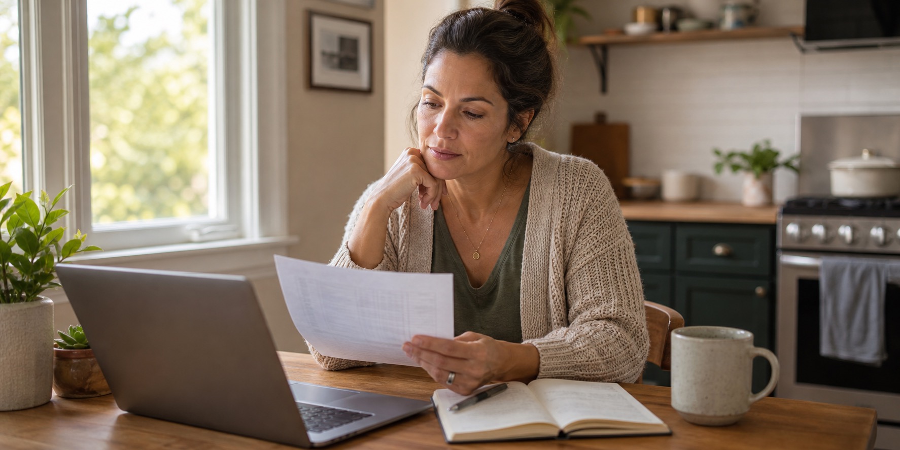Woman reviewing lab results at a kitchen table beside a laptop and notebook