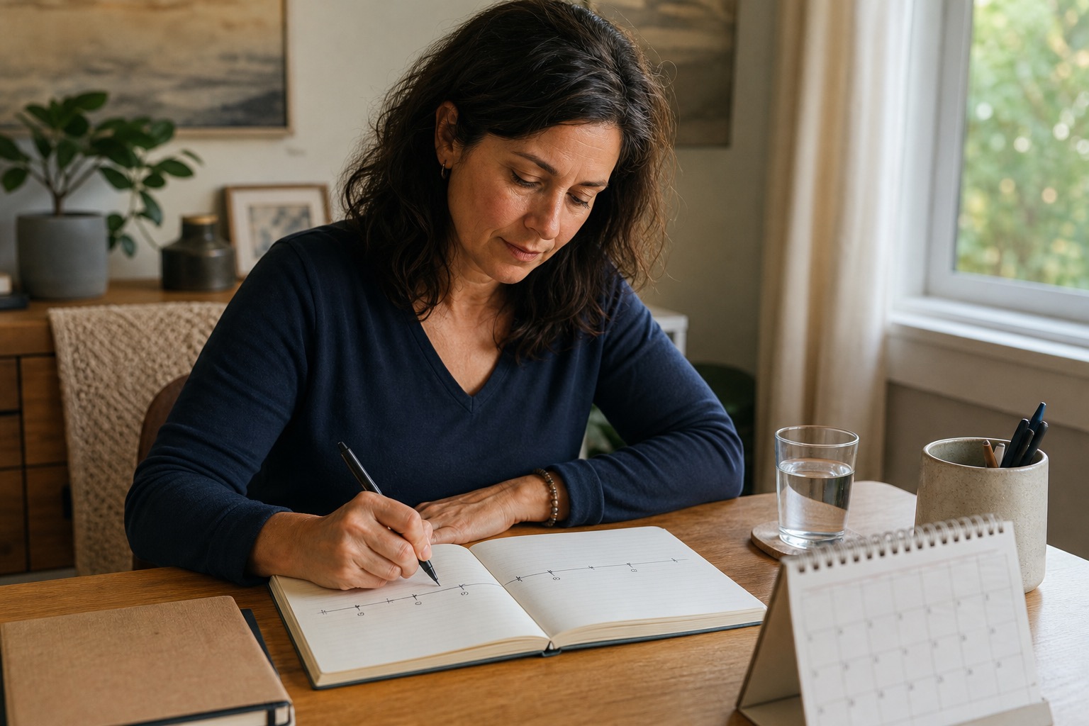 Woman tracking perimenopause symptoms in a notebook beside a calendar